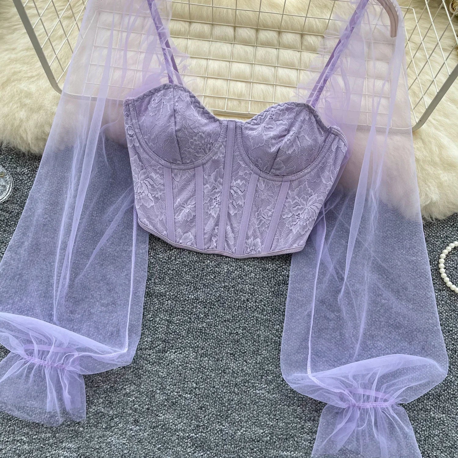 Women Chic Lace Mesh Sheer  Long Sleeve Backless Crop Top Solid Slim Parisian French Fashion Summer Women Shirt Square Collar