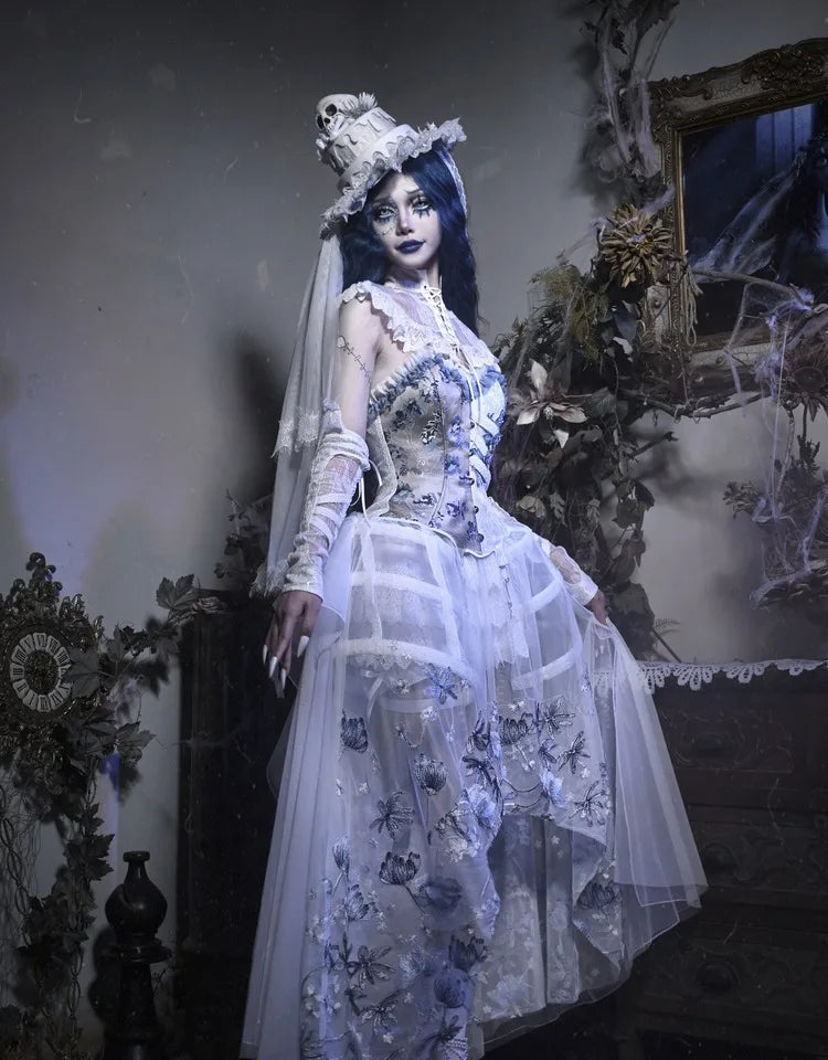 The Gothica White Gothic Dress | Zombie Bride Spine Lace Gown | Chiffon Tailed Party Dress with Cape | Parisian Princess