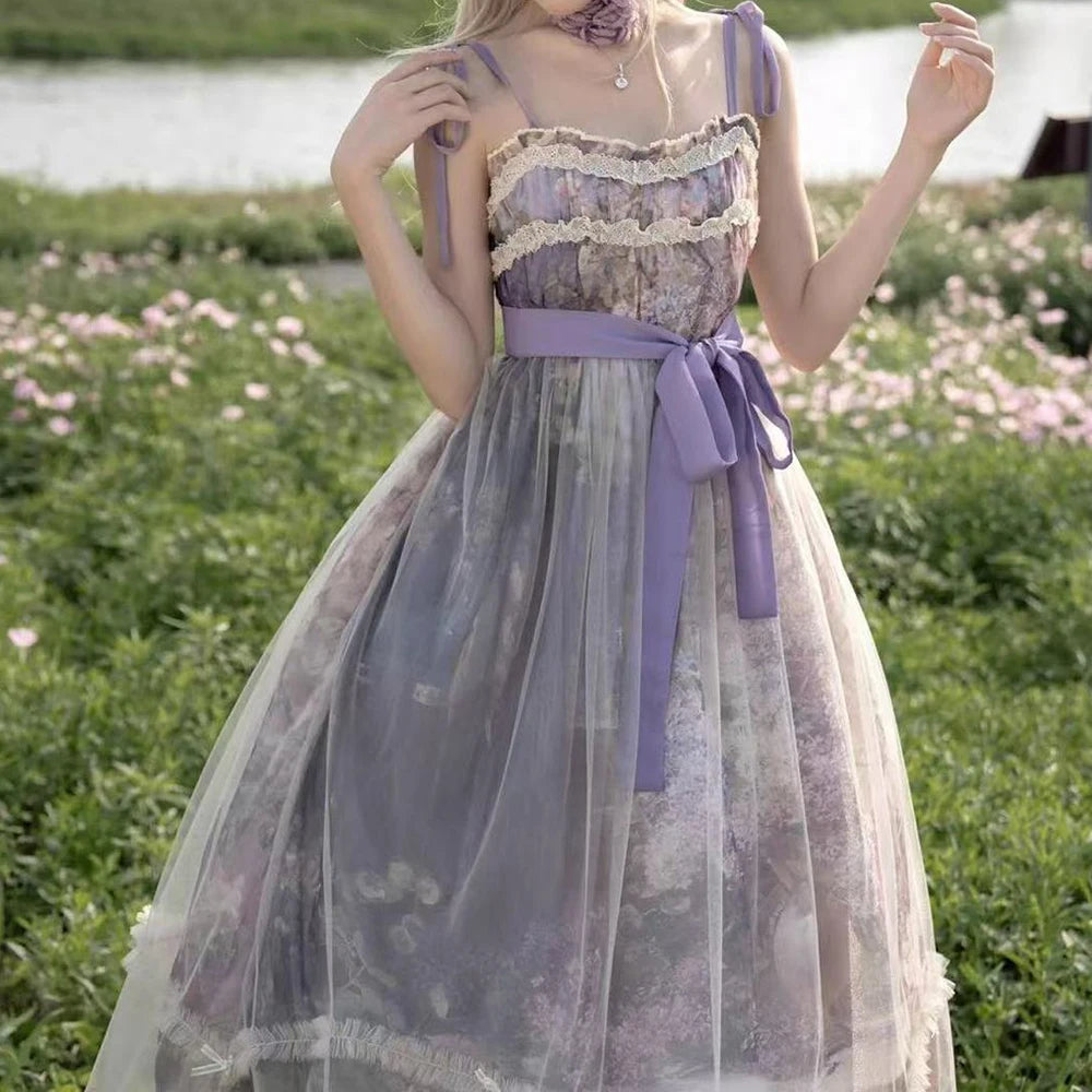 The Lavender Fields Oil Painting Bow Gown: A Parisian Masterpiece | Original Art Print Dress | Parisian Princess