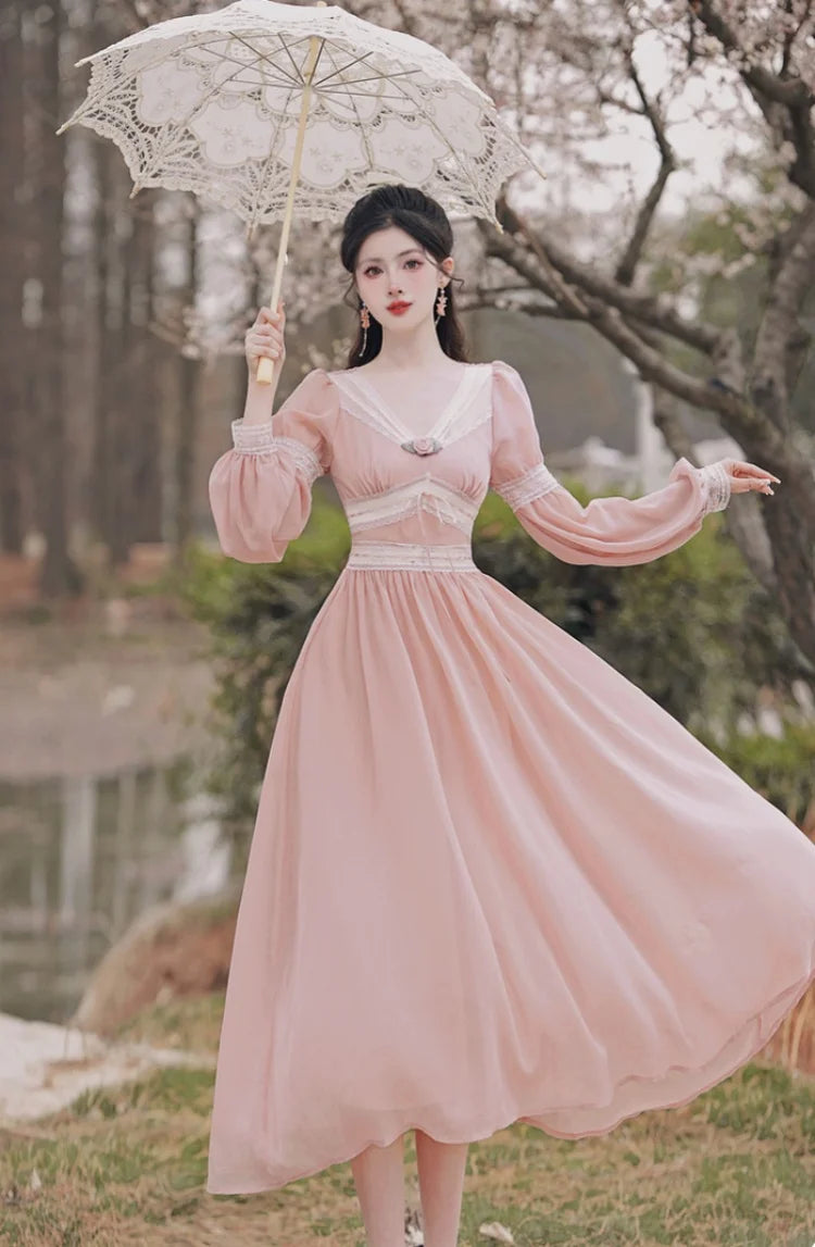Romantic Pink Chiffon Fairy Dress Woman Vintage Lantern Sleeve V-Neck Lace Princess Dresses For Party Night Vestido Festa