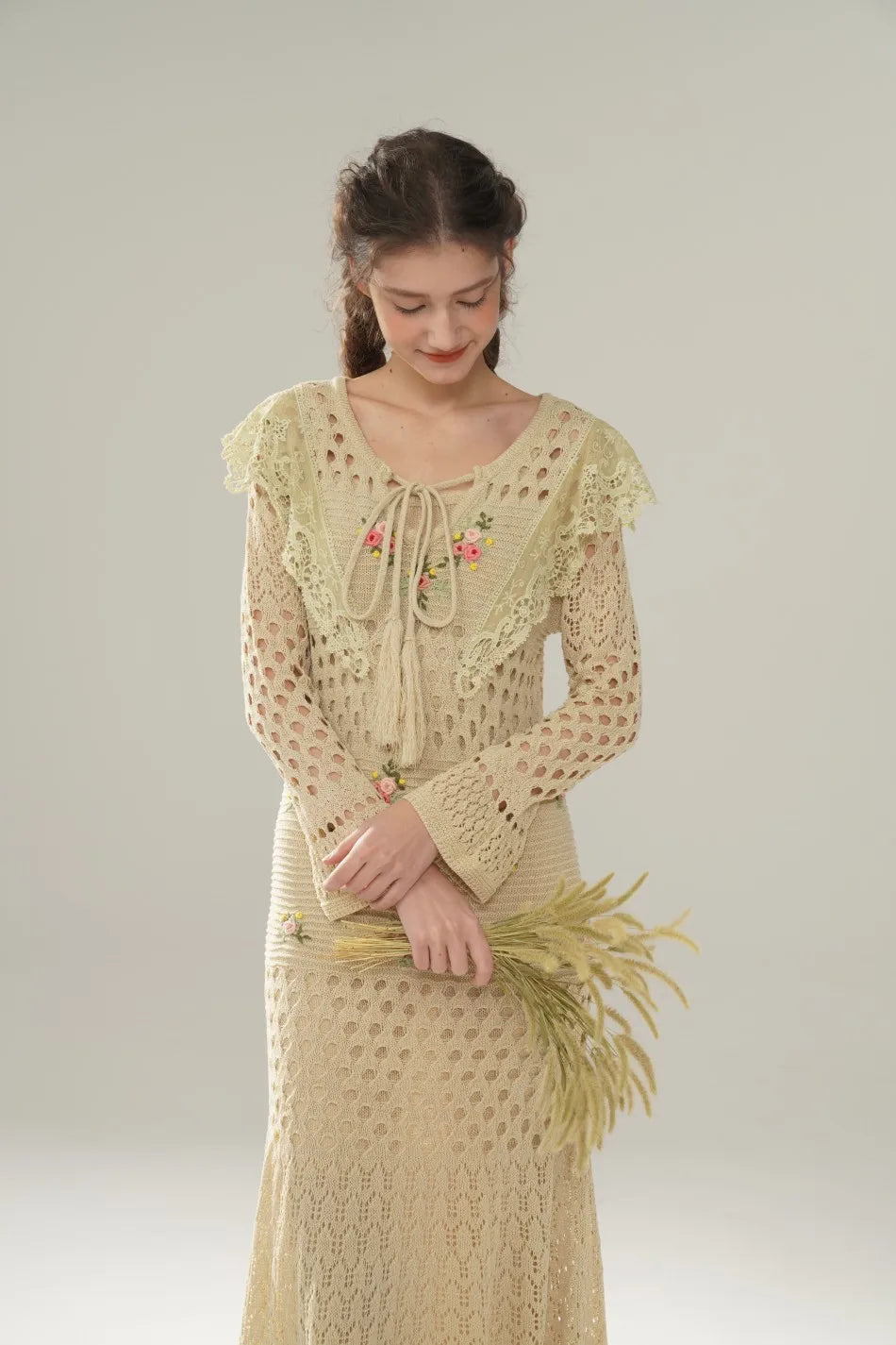 The Versailles Rose Knitted Fishtail | Hand-Embroidered Silk Blend Dress | French V-Neck Gown | Parisian Princess
