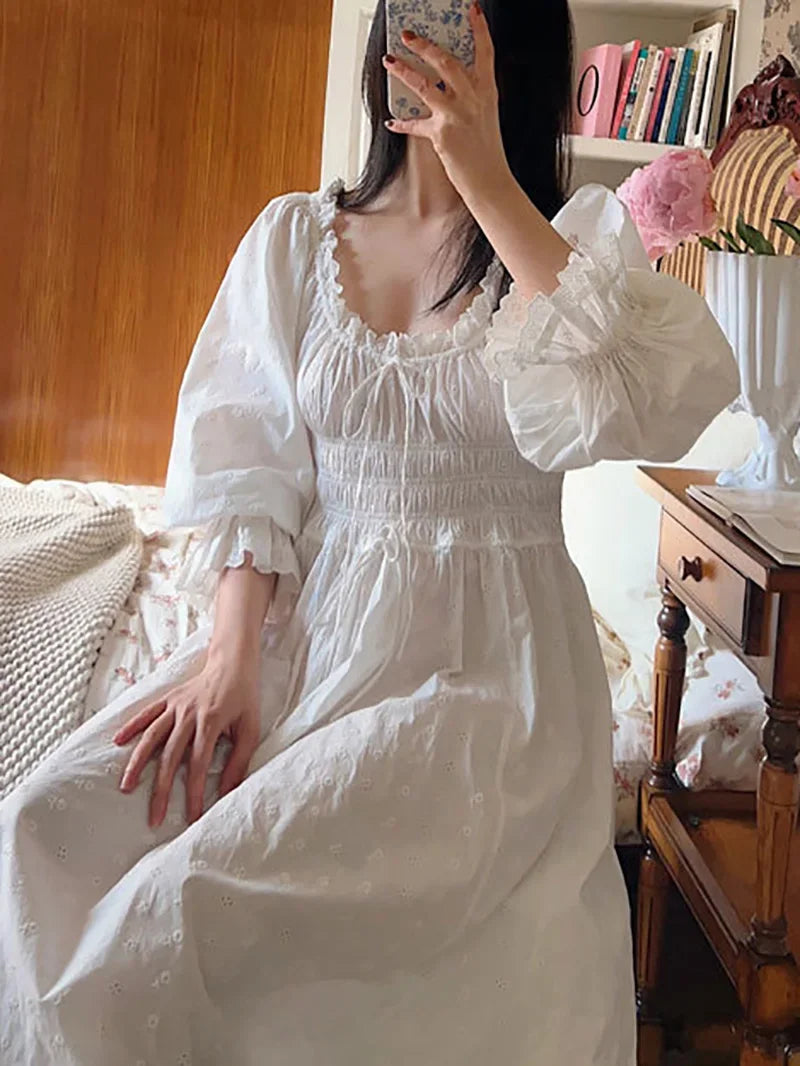 Cotton Embroidery French Languid U-Neck Ruffles Princess Nightgown Lace-up Vintage Fairy Night Dress Spring Pajamas Sleepwear