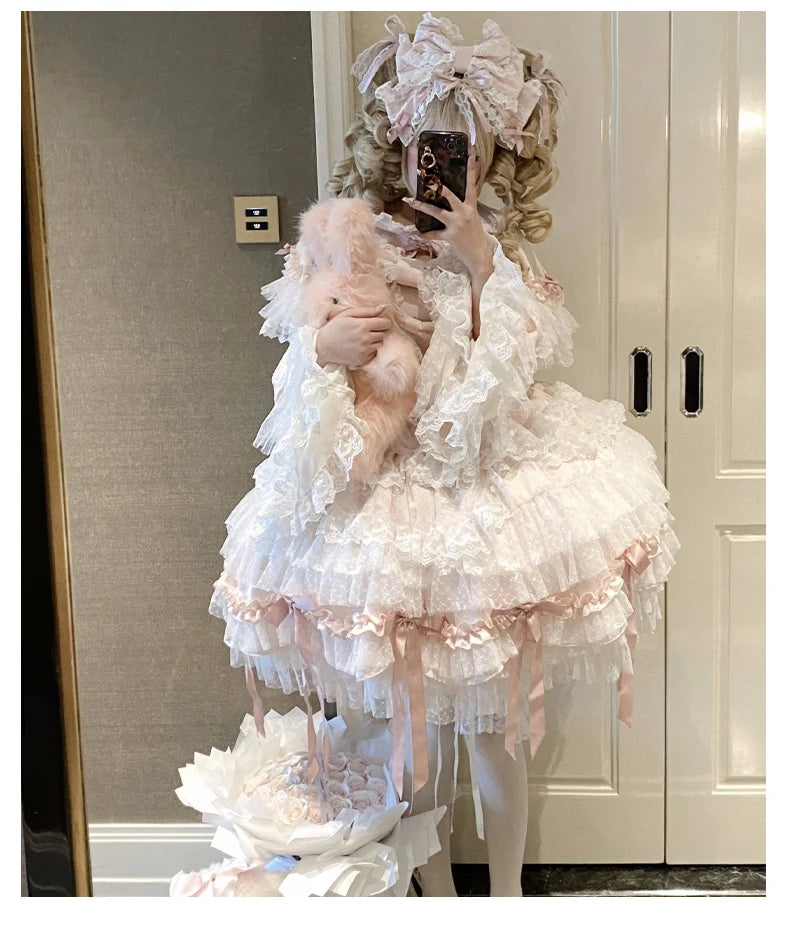 Pink Lolita Princess Dress Women's Bow Lace Heavy Industry Sweet Elegant Birthday Party Evening Dress Lady Suspender Dress Cloak