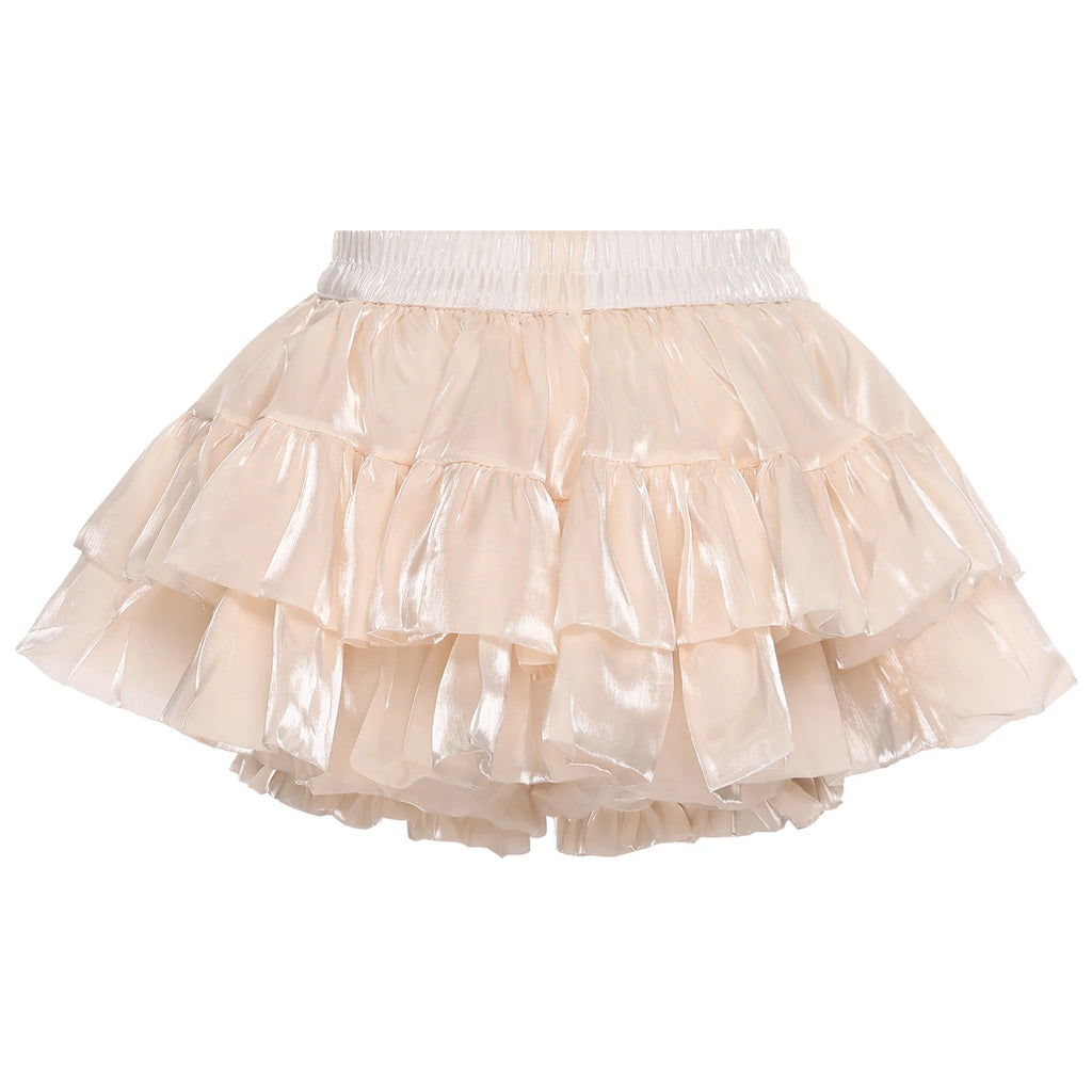 Women Lolita Pumpkin Shorts Puff Y2K Skirt Iridescent Tiered Culottes Elastic Waistband Ruffled Hem Built-in Skirt Anime Costume