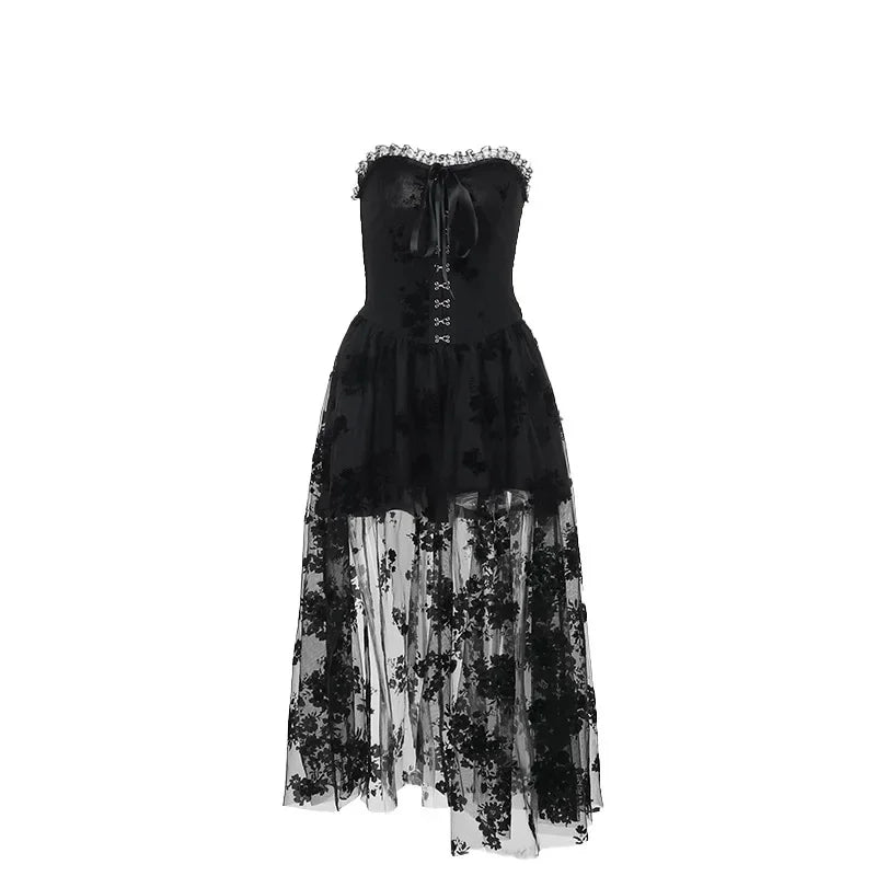 Gothic Corset Dress Elegant Sheer Slim Fit Dark Bride Tulle Strapless  Dress