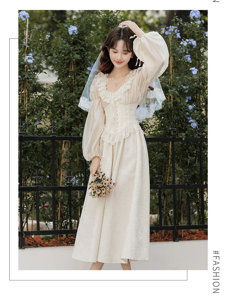 The Ethereal Princess Tatting Gown | Fairycore Lace Midi | French Square Neck Princess Sleeve Vestido | Parisian Princess