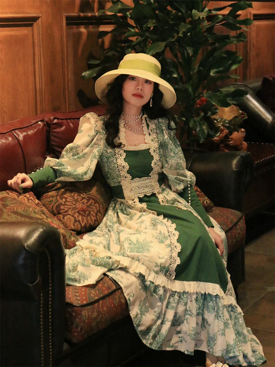 Parisian Original Design Women French Vintage Green Story Print Lacy Trimmings Cotton Dresses