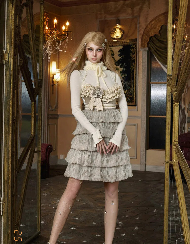 The Gothica Russian Princess Cake Dress | High-Waist Lace-Strap Luxury Slip | Sweet Apricot Layered Jupe | Parisian Princess