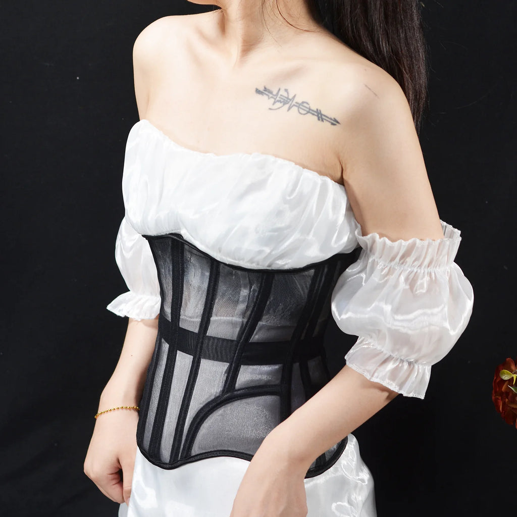 Women Abdomen Tight Corset Crops Under Bust Bustiers Breathable Mesh Waist Girdle With Bones Slimming Lace Up Bodices