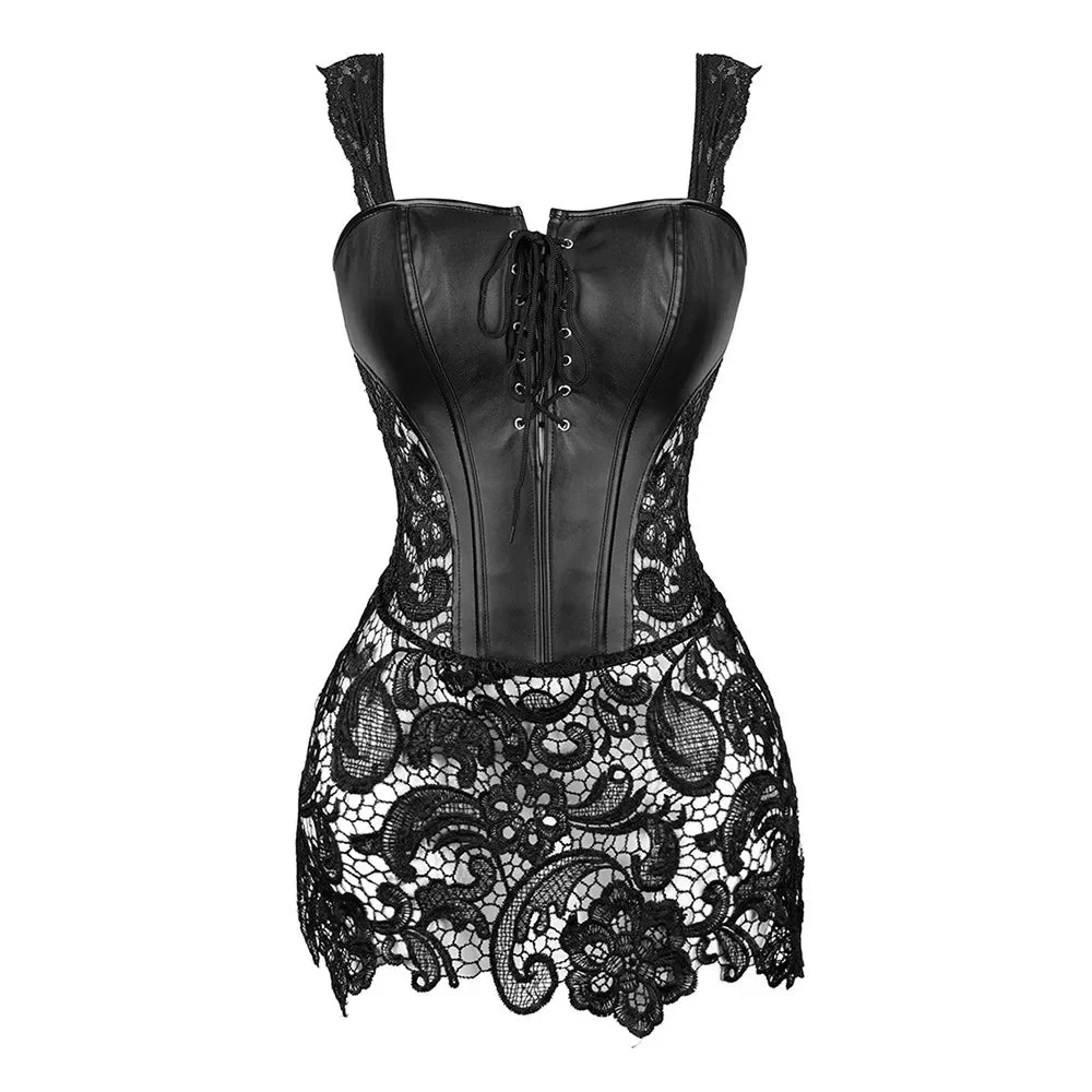 Gothica Corset Dress Women Gothic Sexy Faux Leather Zipper Bustier Lace Skirt Black Red Corselet Clubwear