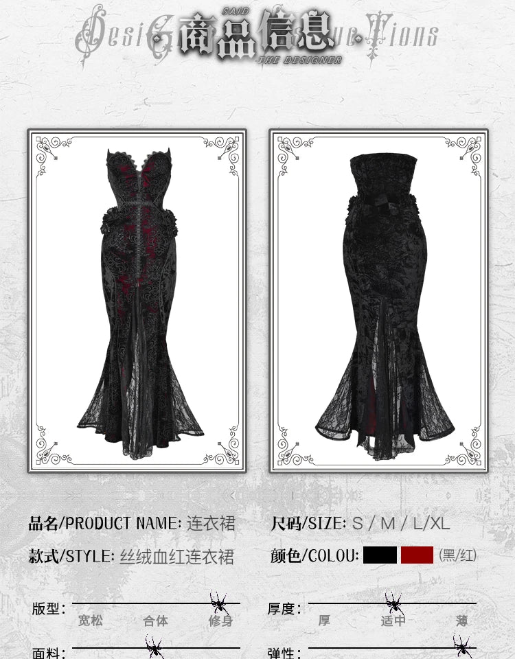 Gothica Original Design Vampire Black Red Dress Lace Patch Gothic Velvet Trumpet Sleeveless Sexy X-Long Dress Halloween