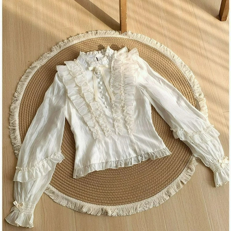 The Parisian Muse Ruffle Blouse | French Vintage Flare Sleeve Top | Elegant Slim Blouse | Parisian Princess
