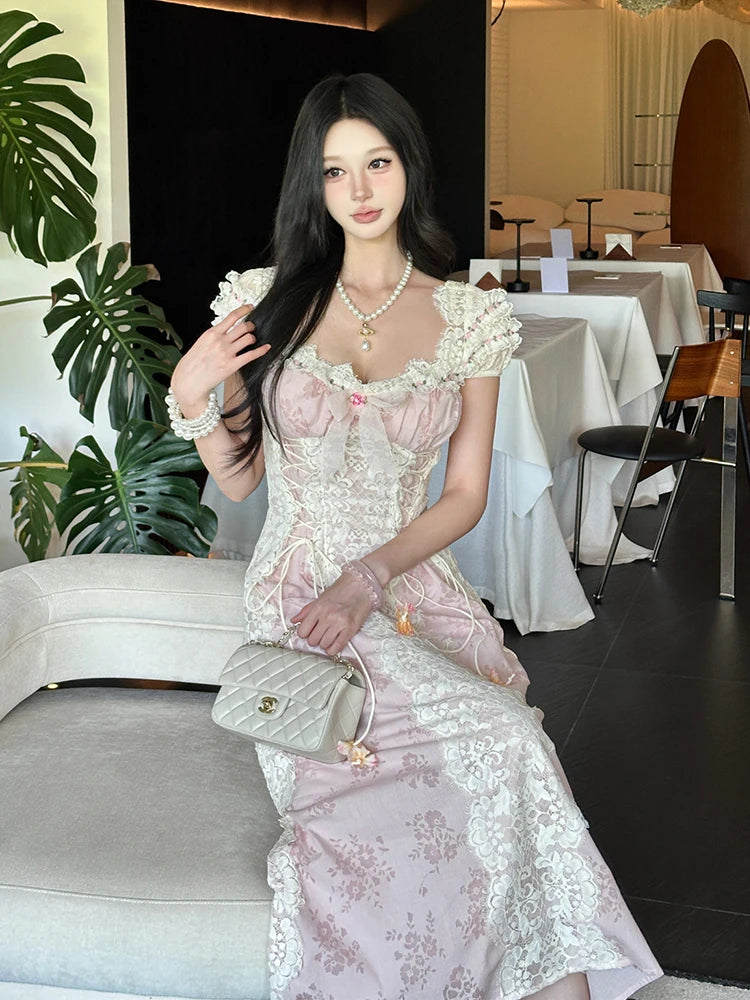 French Fairy Floral Long Party Dress Women Bow Lace-up Puff Sleeves Slim Midi Long Dress Ren Fair Medieval Victorian Costume