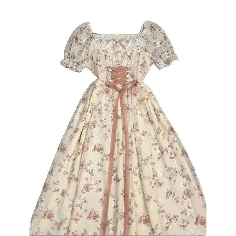 French Sweet Gentle Floral Print Dress Women's Student Summer New Belt Waist Slim Long Skirt Bubble Sleeve Short Sleeve Dress