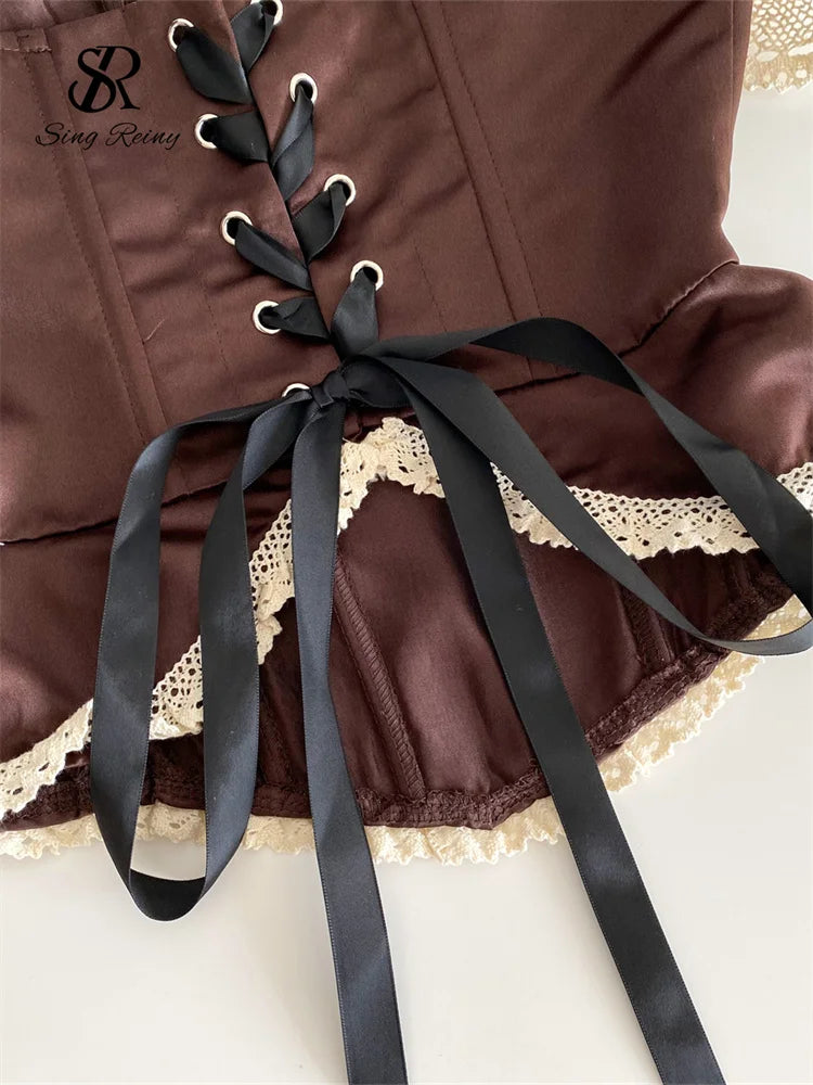 SINGREINY Sexy Vintage Strapless Tops Sleeveless Bow Lace Spliced Backless Bandage Camis 2025 Ladies Slim Sexy Streetwear Corset