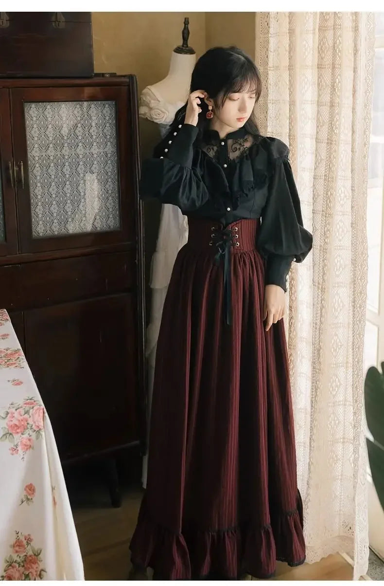 French Dark Retro Long Sleeved Lace Shirt Striped Long Skirt Two-piece Dress Set