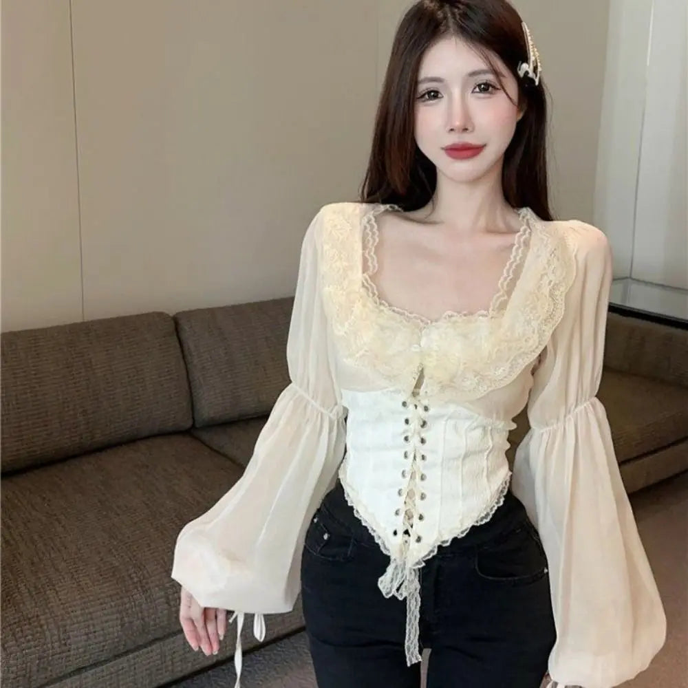 The Céleste Mesh Manteau | Parisian Flounce Lace Blouse | V-Hem Puff Sleeve Party Top | French Coquette Aesthetic