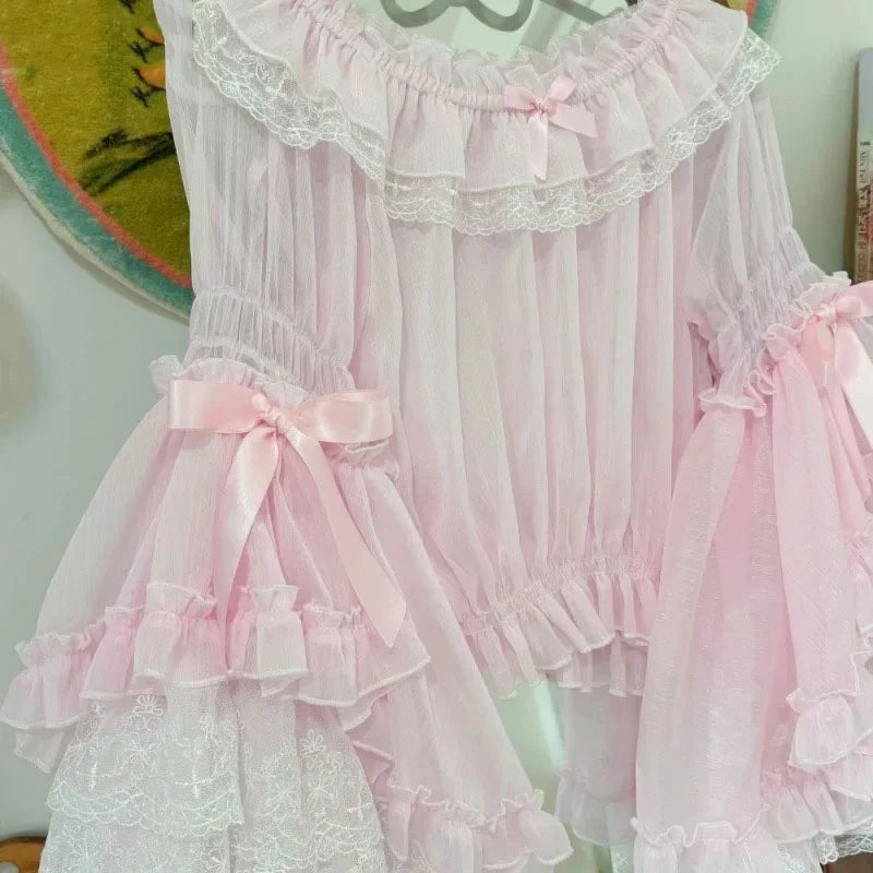 French Lolita Flare Sleeve Sweet Bow Shirt Parisian Aesthetic Slash Neck Lace Patchwork Blouse Women Loose Grunge Ruffled Blusas