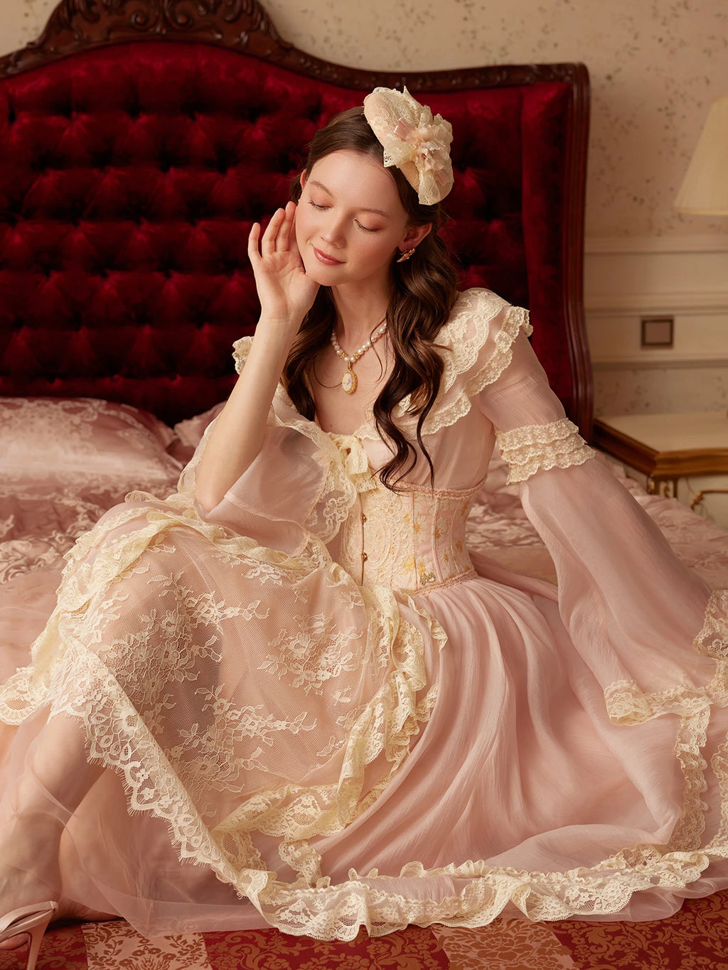 The Parisian Pink Bell Sleeve Gown | Courtly Retro French Lace Dress | Fairy-Tale A-Line Spring Maxi | Parisian Princess
