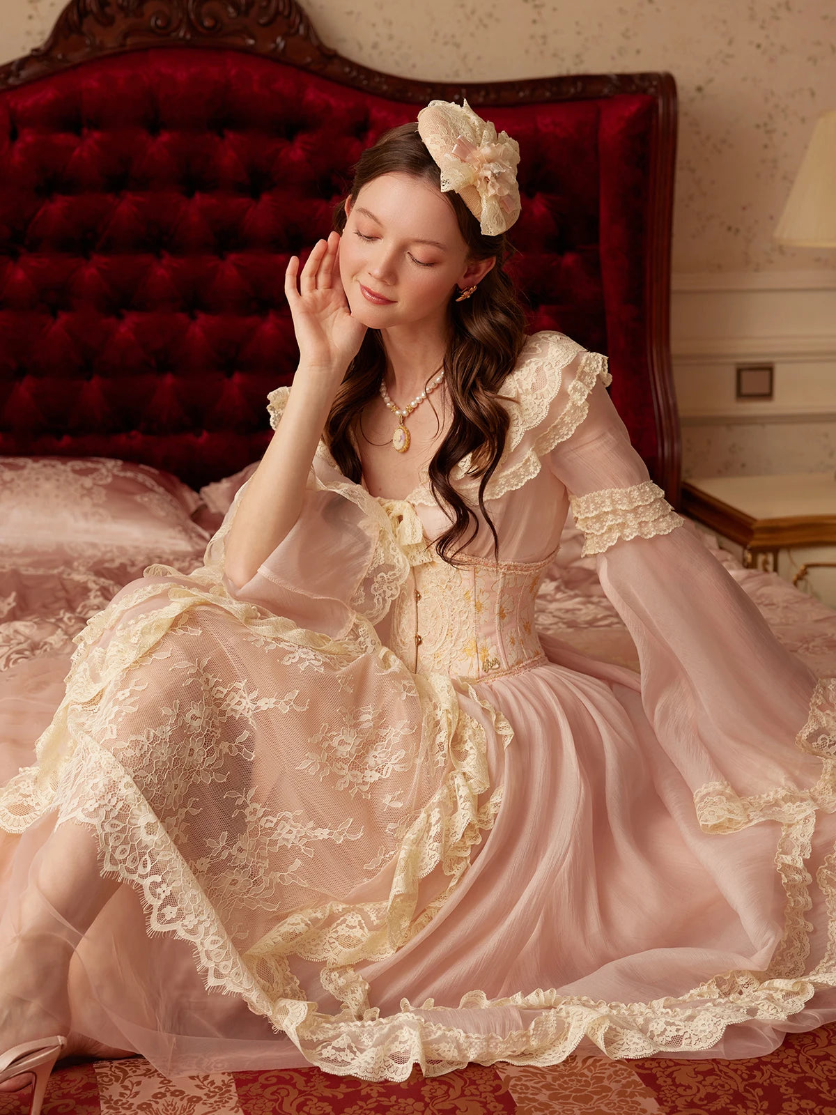 The Parisian Pink Bell Sleeve Gown | Courtly Retro French Lace Dress | Fairy-Tale A-Line Spring Maxi | Parisian Princess