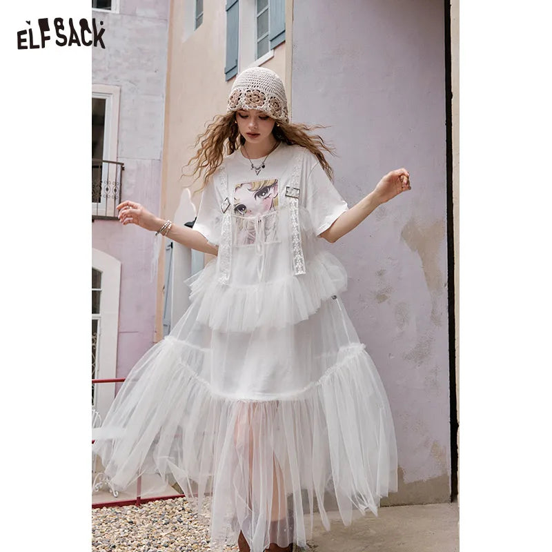 The Toulouse Cotton Lace Dress Set | Sweet Cool Printed T-Shirt & Spliced Maxi | Two-Piece Mesh Dress | Parisian Princess