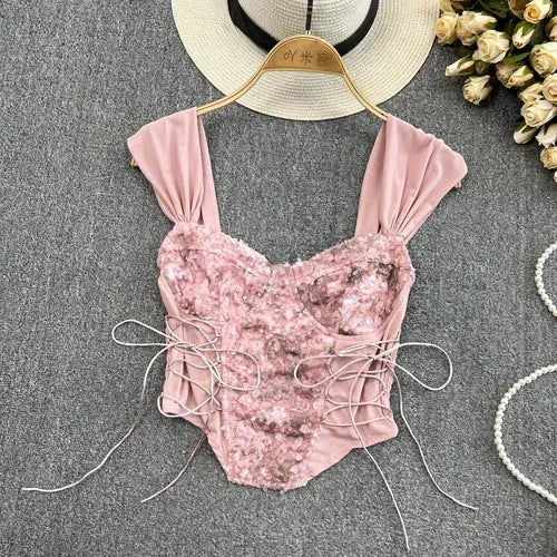 Flower Lace Tank Top Fish Bone Crop Design Inner Strap French Tube Tops Y2k Cute Pink Corset Summer Wear