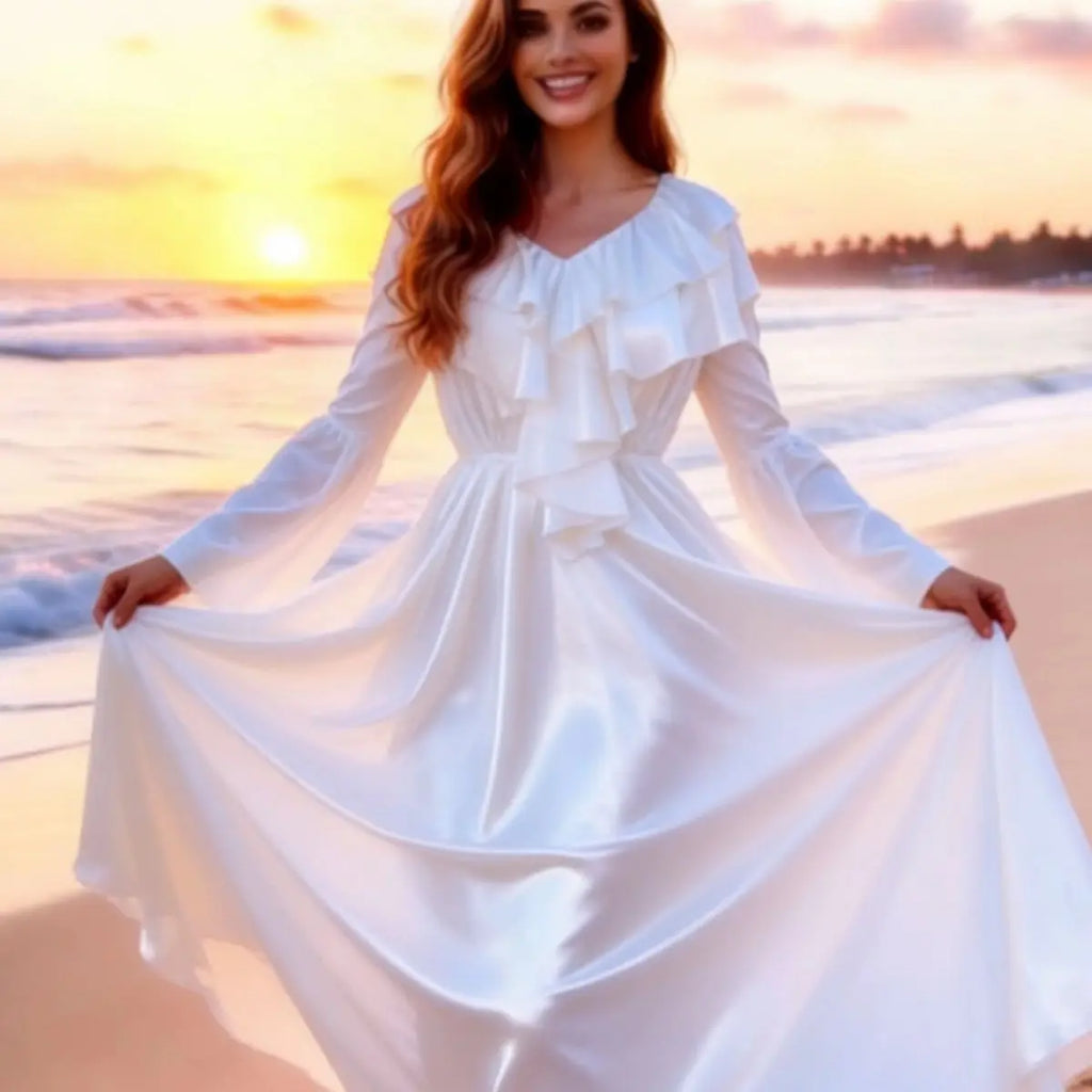 The Petit Trianon Ice Silk Sleep Gown | Glossy Satin Ruffle Maxi | Butterfly Sleeve Nightdress | Parisian Princess