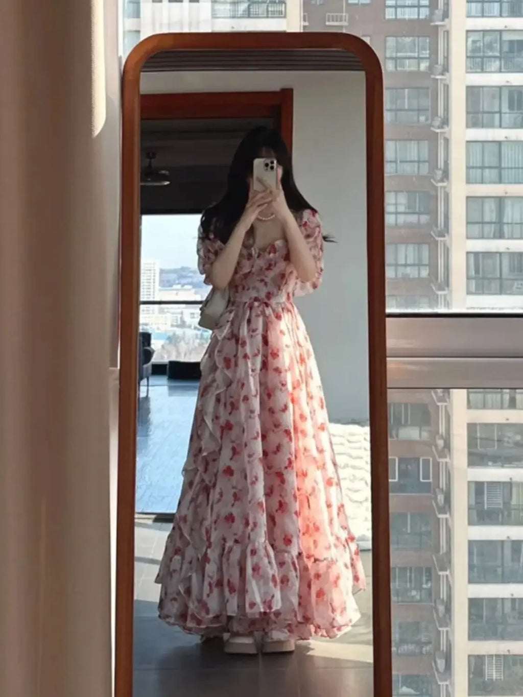 Parisian French Pink Floral Off-shoulder Dress Atmosphere Sense Vacation Style Tea Break Long Skirt Princess Dress