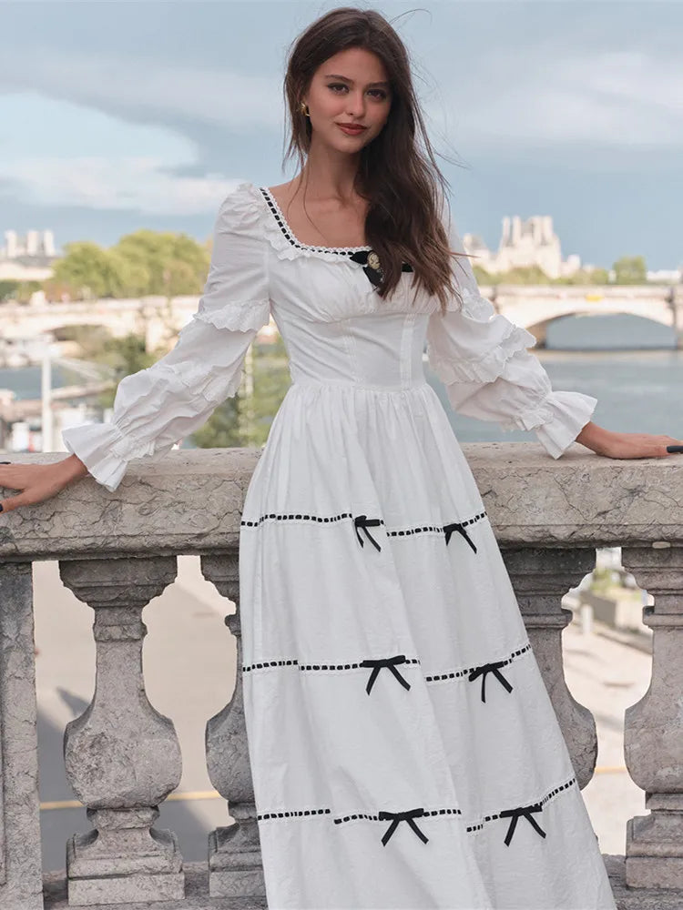 Gothica Parisian Fall White Maxi Dress Women Vintage Elegant Slim Lace Collar Long Sleeve French Halloween Dress