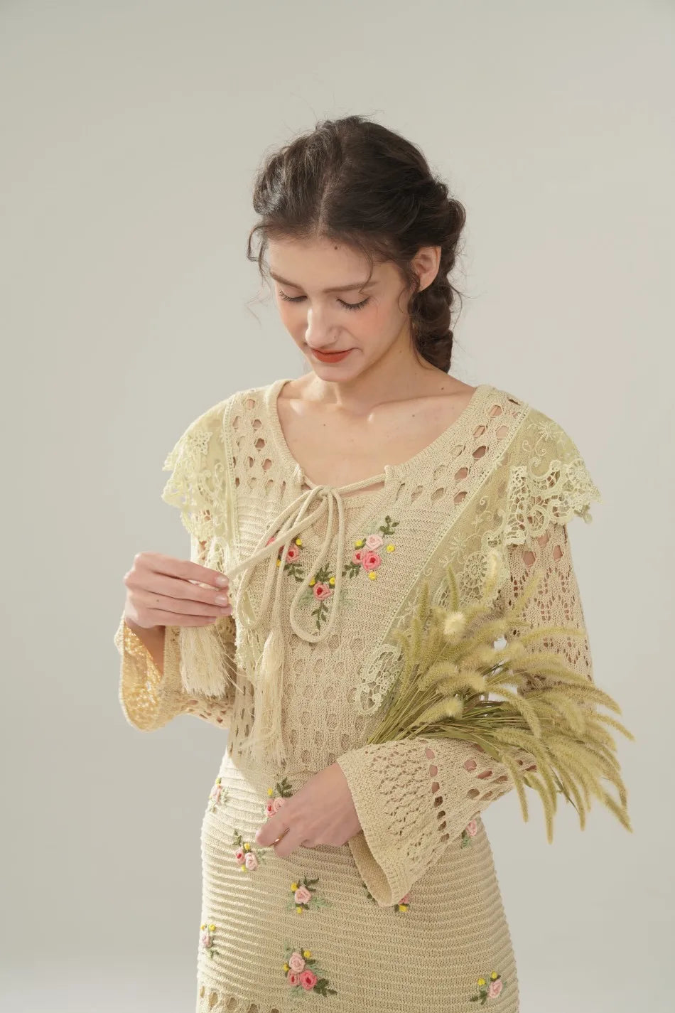 The Versailles Rose Knitted Fishtail | Hand-Embroidered Silk Blend Dress | French V-Neck Gown | Parisian Princess