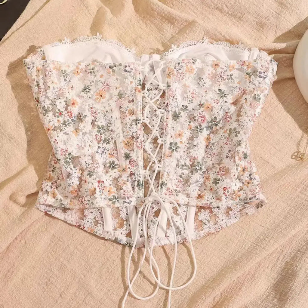 The Versailles Blossom Corset | Floral Hollow-Out Strapless Bustier | Lace-Up Boned Camisole | Parisian Princess