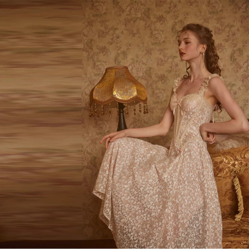 The Palais Floral Lace Midi | Long Sleeve Pleated Party Dress | French Palace A-Line Gown | Parisian Princess