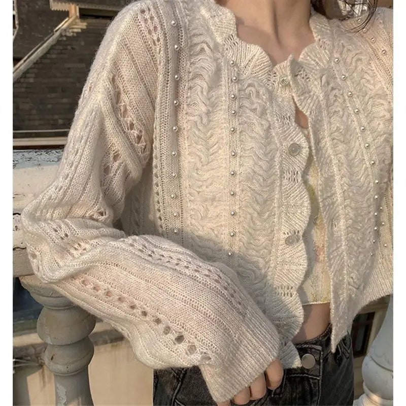 The Starry Ballet Cardigan | Parisian Hollow-Out Beaded Knit Jacket | Spring Autumn O-Neck Short Style Sweater | Parisian Princess