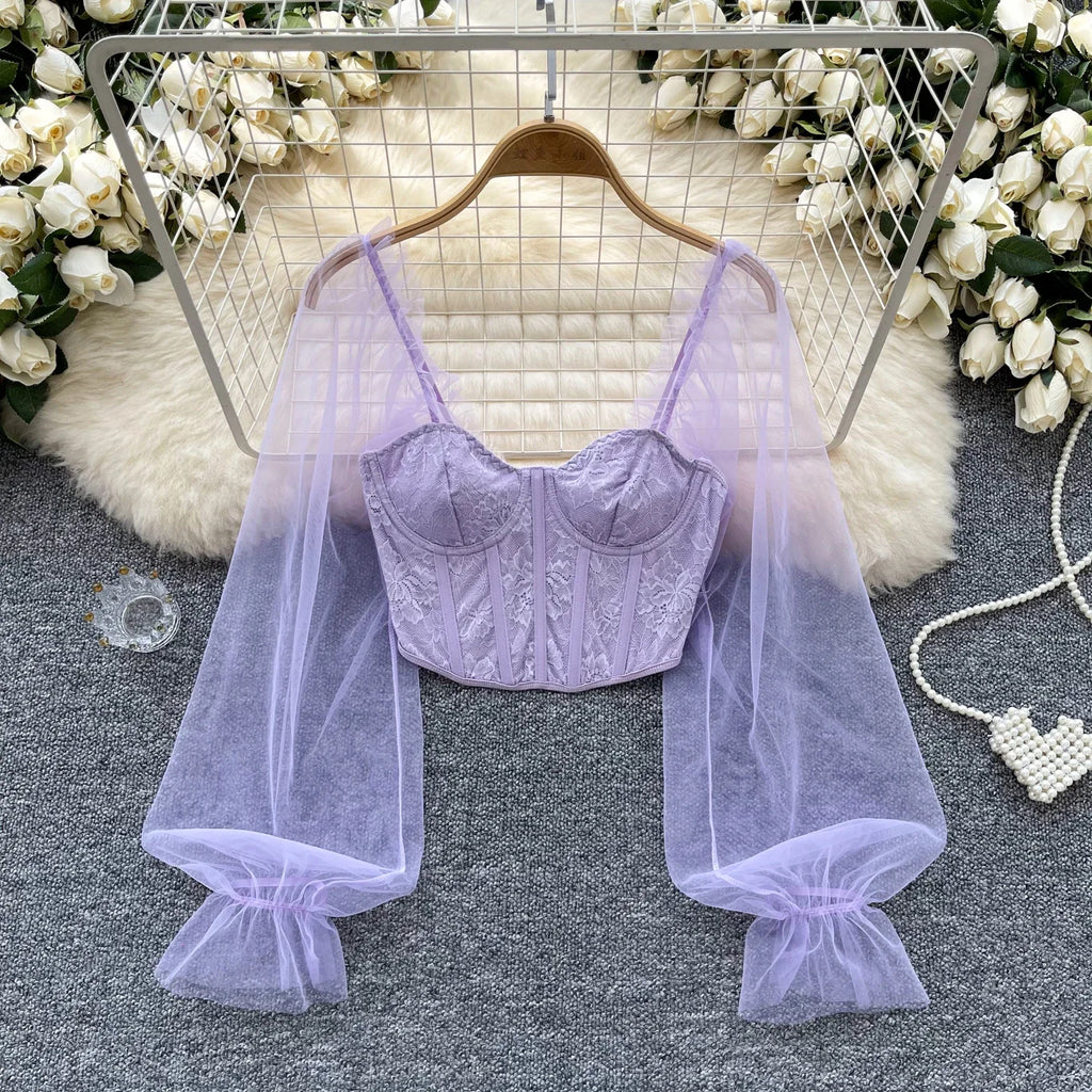 Women Chic Lace Mesh Sheer  Long Sleeve Backless Crop Top Solid Slim Parisian French Fashion Summer Women Shirt Square Collar