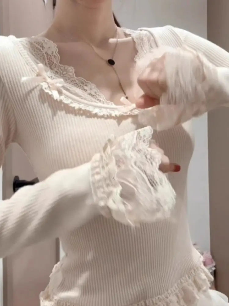 The Trianon Lace Plaid Tee | French Long Sleeve Bow Top | Slim Spring Knitted Blouse | Parisian Princess