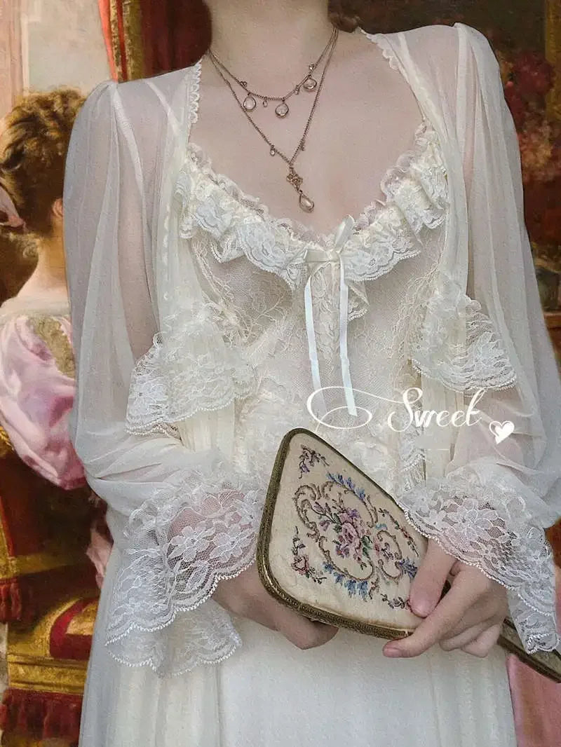 Vintage Female Court Style Thin Tulle Robe/Nightdress Ladies Princess Nightgowns Fairytale Pajamas Sleepwear Women's Clothing