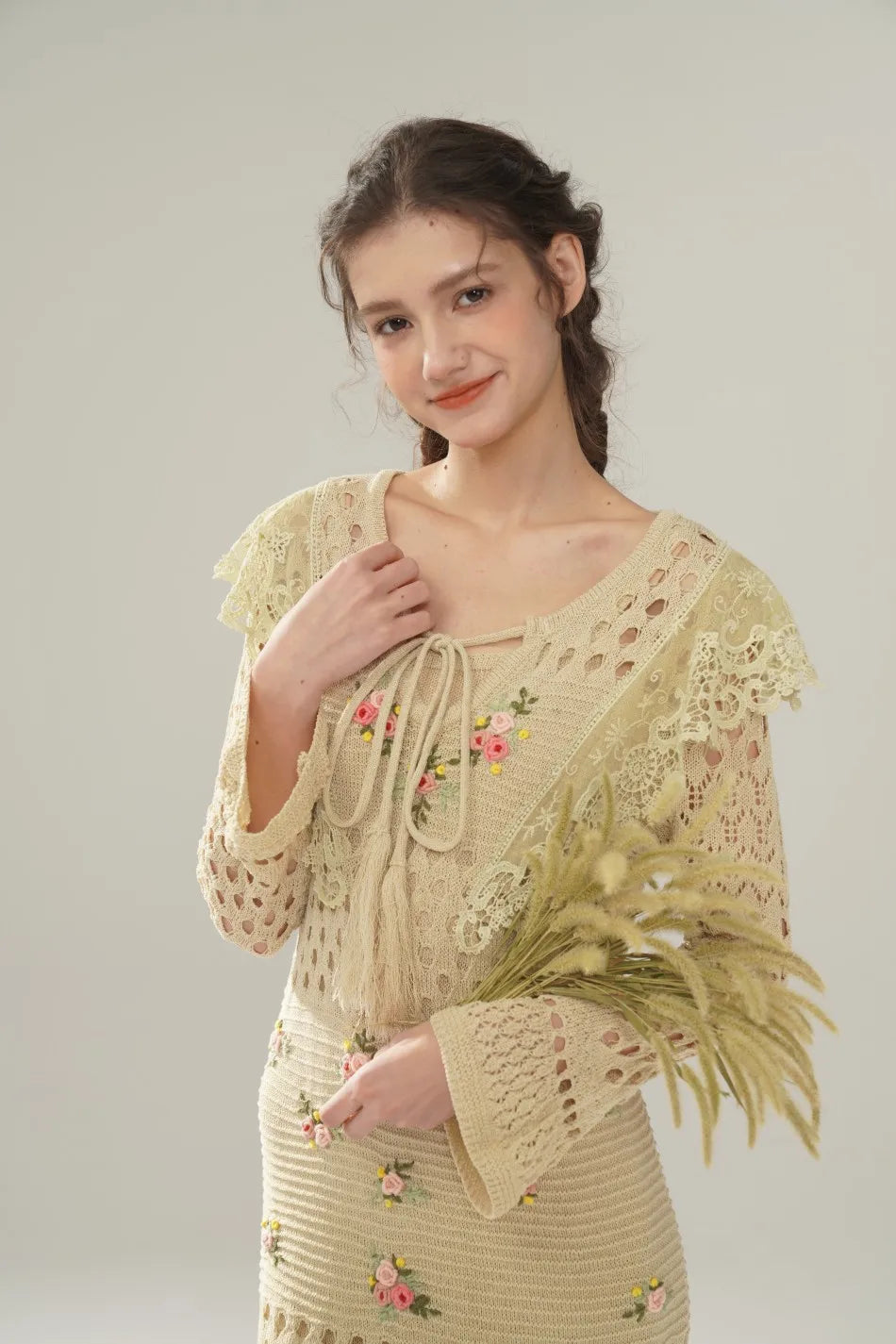 The Versailles Rose Knitted Fishtail | Hand-Embroidered Silk Blend Dress | French V-Neck Gown | Parisian Princess