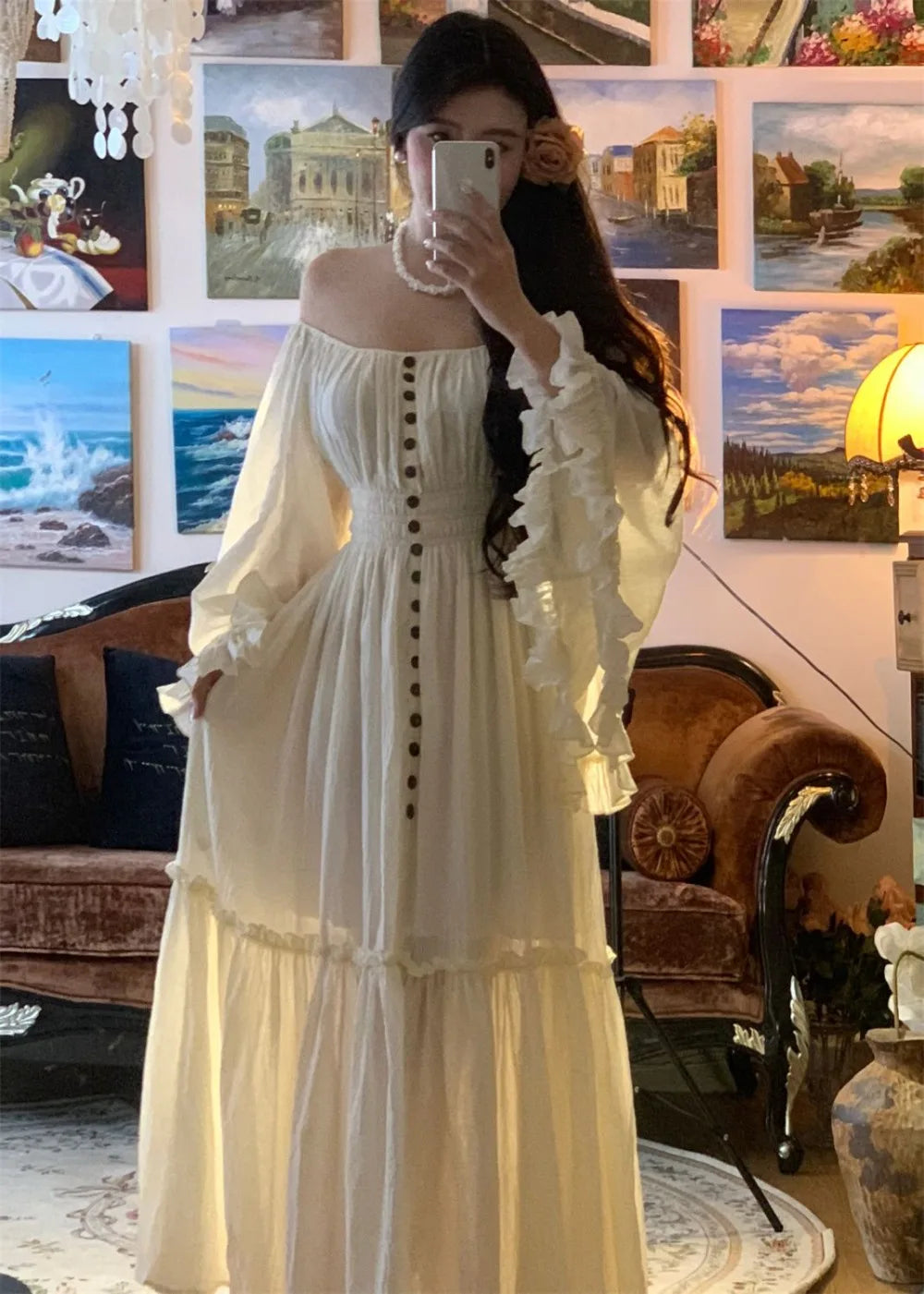 The Coalfell Vacation Gown | French Cotton-Linen Apricot Midi | Batwing Sleeve Lace Temperament Dress | Parisian Princess