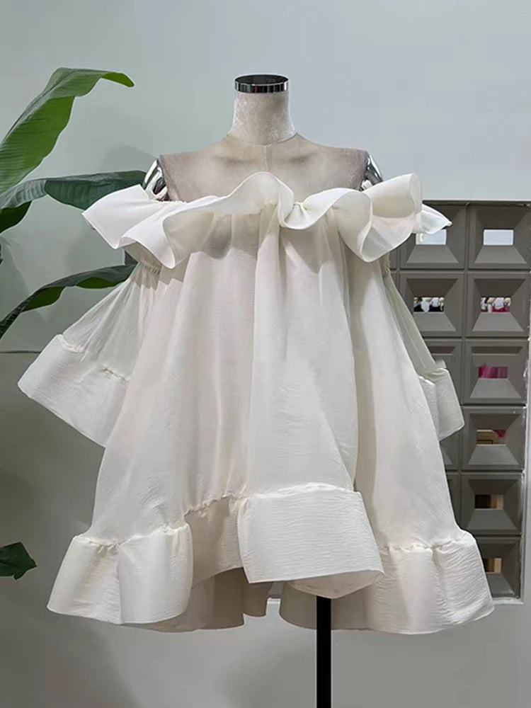 French one-shoulder ruffled strapless dress autumn women's wear princess dress fashionable loose puffy dress