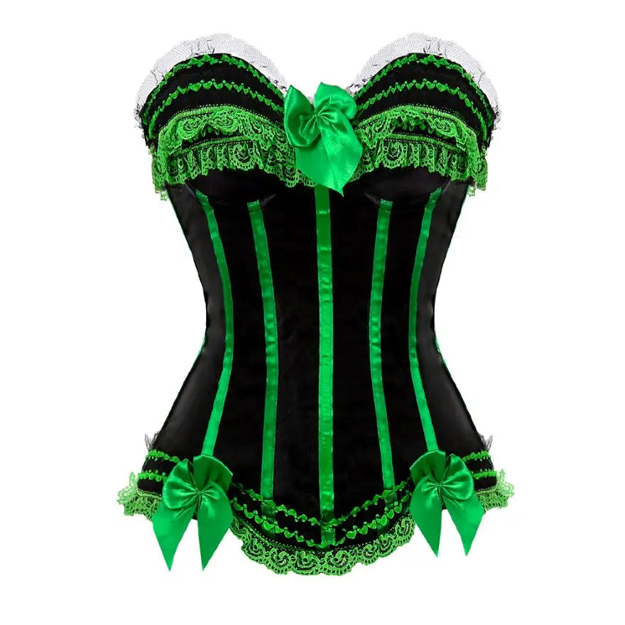 Sexy Lace Overbust Corset Top Women Vintage Satin Bow Bustier Lingerie With Zipper Plus Size Body Shaper Burlesque Corsets