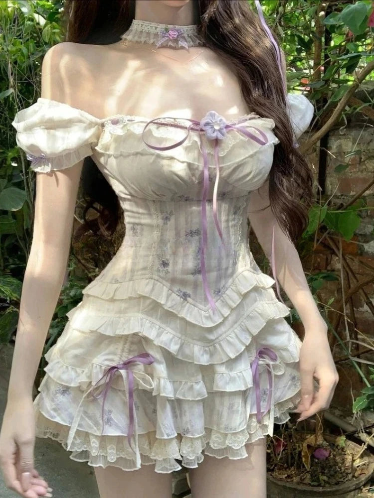 Sweet Parisian 2-Piece Dress Set Women Sexy Off-Shoulder Corset Tops + Mini Cake Skirt French Court Casual Parisian Chic Outfit New