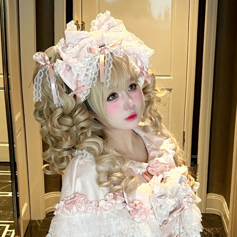 Pink Lolita Princess Dress Women's Bow Lace Heavy Industry Sweet Elegant Birthday Party Evening Dress Lady Suspender Dress Cloak