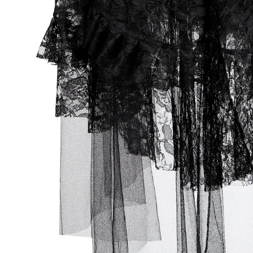 The Midnight Waltz High-Low Gown: A Parisian Noir Masterpiece | Layered Lace & Tulle Asymmetrical Skirt (XS-6XL) | Parisian Princess