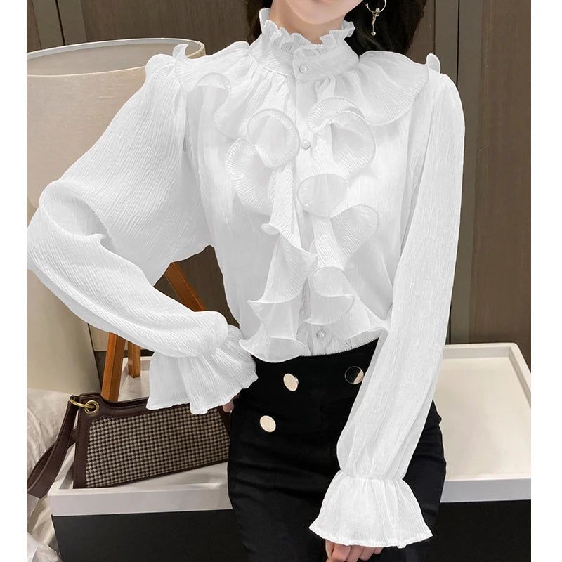 The Versailles Ruffled Chiffon Blouse | Stand Collar Lace Puff Sleeve | French Vintage Shirt | Parisian Princess