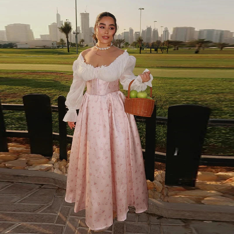 Elegant Sweet Pink Floral Print Princess Dress Off-shoulder Long Sleeve Ankle Length Prom Gown 2025 NEW Patchwork Fishbone Dress