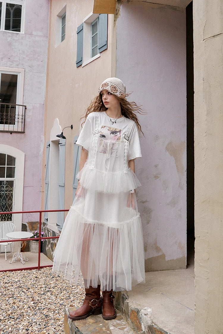 The Toulouse Cotton Lace Dress Set | Sweet Cool Printed T-Shirt & Spliced Maxi | Two-Piece Mesh Dress | Parisian Princess