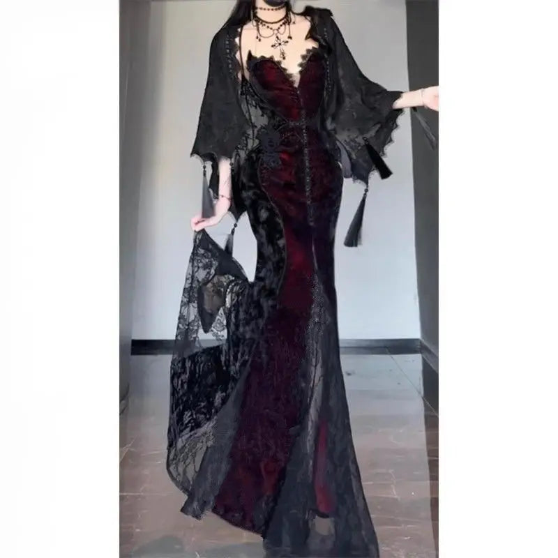 The Vivienne Noir Manteau | Gothic Grunge Lace Mini | Dark Academia Slash Neck Party Dress | French Festival Prom Gown