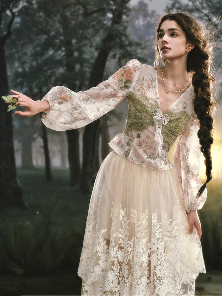 The Orchard Lace Summer Blouse | French Vintage Cottagecore Top | Sheer Printed Organza Lantern Sleeve | Parisian Princess