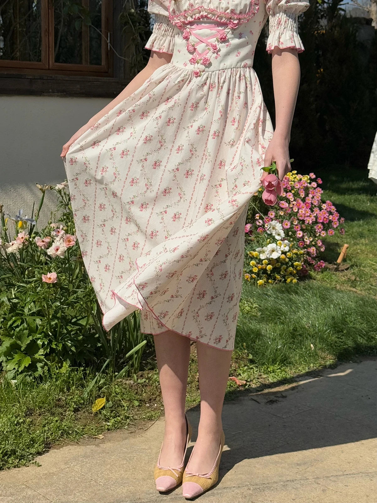 The Giverny Floral Cotton Gown | Square Neck Puff Sleeve Midi | French Countryside Prairie Dress | Parisian Princess
