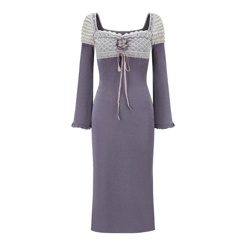 The Versailles Velvet-Knit Midi | Vintage Elegant Slim Lace Collar Gown | Imperial Purple Long Sleeve Fit & Flare | Parisian Princess